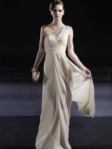 Artistic Champagne Chiffon Criss Cross One Shoulder Sleeveless Floor Length Evening Dress Ruching