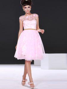 Scoop Chiffon Cap Sleeves Knee Length Prom Evening Gown and Lace