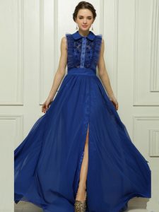 Super Sleeveless With Train Appliques Zipper Prom Evening Gown with Blue Brush Train