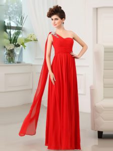 Fashion Chiffon One Shoulder Sleeveless Zipper Beading and Sashes ribbons and Ruching Prom Dresses in Red