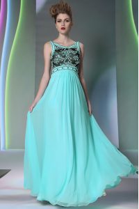Amazing Column/Sheath Dress for Prom Aqua Blue Scoop Chiffon Sleeveless Floor Length Side Zipper
