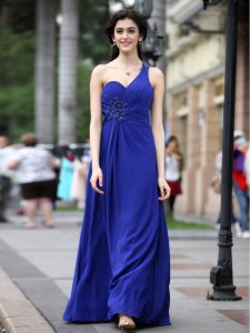 Fashion Royal Blue Chiffon Side Zipper One Shoulder Sleeveless Floor Length Prom Party Dress Beading and Ruching