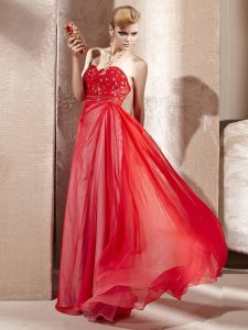 Sleeveless Floor Length Beading Side Zipper Prom Dresses with Coral Red