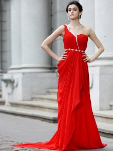 Dramatic One Shoulder Red Sleeveless With Train Beading and Ruching Zipper Prom Gown