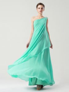 Custom Designed One Shoulder Turquoise Side Zipper Homecoming Dress Beading and Ruching Sleeveless Ankle Length