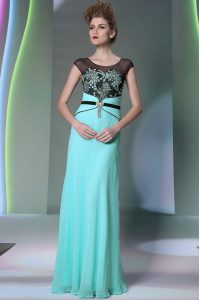 Scoop Sleeveless Chiffon Floor Length Zipper Evening Dress in Teal with Appliques