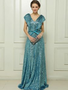 Teal V-neck Zipper Sequins and Bowknot Homecoming Dress Sleeveless