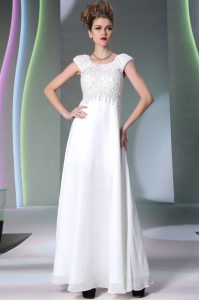 Cute Scoop Sleeveless Prom Dresses Floor Length Lace White Chiffon
