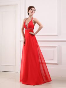 Halter Top Floor Length Coral Red Prom Evening Gown Chiffon Sleeveless Beading