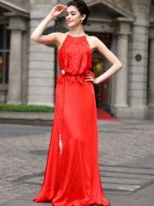 On Sale Scoop Floor Length Coral Red Evening Dress Silk Like Satin Sleeveless Beading and Appliques