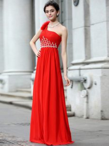 One Shoulder Beading and Ruching Prom Party Dress Coral Red Zipper Sleeveless Floor Length