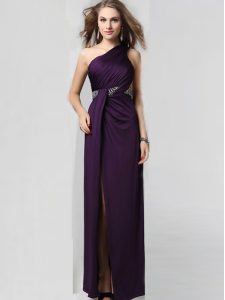 One Shoulder Purple Sleeveless Beading Floor Length Prom Party Dress