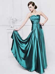 Empire Evening Dress Teal Strapless Elastic Woven Satin Sleeveless Floor Length Lace Up