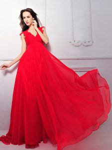 Stylish Coral Red Chiffon Zipper V-neck Sleeveless Floor Length Prom Dresses Lace