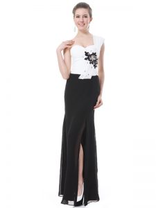 Unique One Shoulder Floor Length White And Black Prom Gown Chiffon Sleeveless Beading and Hand Made Flower