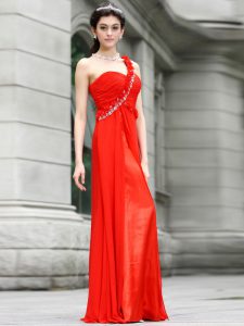 Suitable One Shoulder Beading and Hand Made Flower Homecoming Dress Coral Red Zipper Sleeveless Floor Length