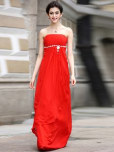 Smart Coral Red Sleeveless Beading and Ruching Floor Length Homecoming Dress