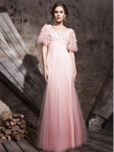 Baby Pink Column/Sheath V-neck Half Sleeves Chiffon Floor Length Zipper Lace and Appliques Prom Party Dress