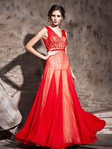 Hot Selling Floor Length Red Evening Dress Straps Sleeveless Zipper