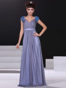 Perfect Lavender Short Sleeves Floor Length Beading and Ruching Zipper Homecoming Dress