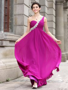 Luxurious One Shoulder Sleeveless Chiffon Floor Length Zipper Prom Party Dress in Fuchsia with Beading