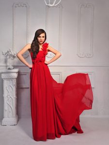Clearance One Shoulder With Train Red Prom Party Dress Silk Like Satin Court Train Sleeveless Hand Made Flower