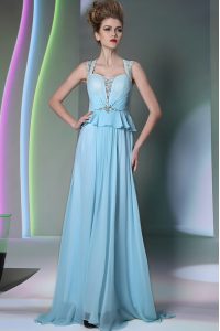 Scoop Light Blue Sleeveless Beading Floor Length Prom Dresses