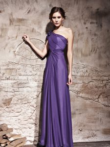 Sumptuous One Shoulder Cap Sleeves Floor Length Ruching Side Zipper Dress for Prom with Purple