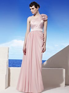 Admirable Pink One Shoulder Neckline Ruching and Hand Made Flower Prom Dress Sleeveless Side Zipper