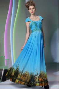 Printed Baby Blue Sleeveless Floor Length Appliques and Pattern Zipper Prom Dress