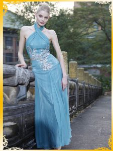 Light Blue Chiffon Zipper Halter Top Sleeveless Floor Length Homecoming Dress Appliques