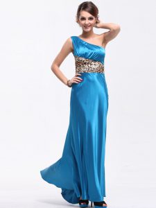 One Shoulder Baby Blue Sleeveless Floor Length Ruching Side Zipper Prom Party Dress