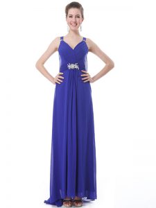 Sweet Brush Train Column/Sheath Prom Evening Gown Blue Straps Chiffon Sleeveless With Train Side Zipper