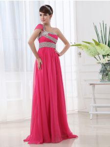 One Shoulder Cap Sleeves Brush Train Side Zipper With Train Beading and Ruching Evening Dress