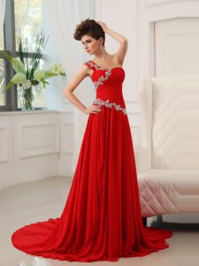 One Shoulder Chiffon Sleeveless With Train Prom Dresses Sweep Train and Beading and Ruching