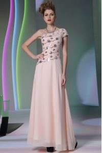 Baby Pink Empire Chiffon One Shoulder Cap Sleeves Beading and Appliques Floor Length Side Zipper Prom Dress