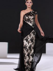 One Shoulder Lace Prom Dress Black Side Zipper Cap Sleeves With Brush Train