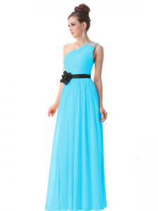 Best Blue Side Zipper One Shoulder Beading and Ruching and Belt Prom Evening Gown Chiffon Sleeveless