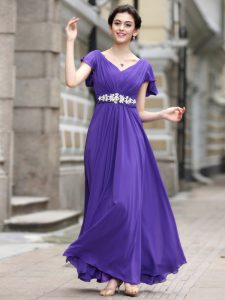 Purple V-neck Neckline Beading and Appliques and Ruching Cap Sleeves Zipper