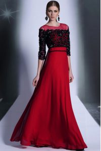 Cheap Scoop 3 4 Length Sleeve Chiffon Floor Length Clasp Handle Prom Party Dress in Red And Black with Beading and Appli