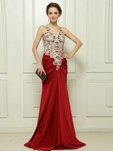 Ideal With Train Red Prom Party Dress V-neck Sleeveless Brush Train Zipper