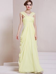 Superior Floor Length Criss Cross Dress for Prom Light Yellow for Prom and Party with Ruching