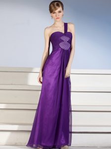 Modern Purple Zipper One Shoulder Ruching and Bowknot Prom Gown Chiffon Sleeveless