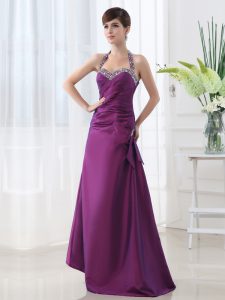Adorable Halter Top Sleeveless Satin Floor Length Lace Up Prom Gown in Purple with Beading and Ruching