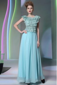 Scoop Cap Sleeves Floor Length Lace Side Zipper Homecoming Dress with Aqua Blue