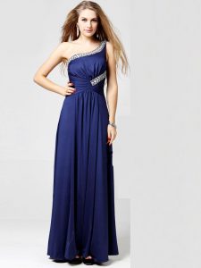 Simple One Shoulder Sleeveless Ankle Length Beading and Ruching Side Zipper Prom Party Dress with Blue