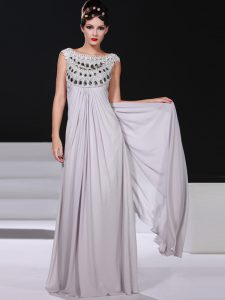 Spectacular Silver Column/Sheath Beading and Lace Prom Dress Side Zipper Chiffon Sleeveless Floor Length