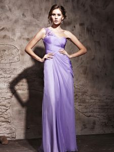One Shoulder Floor Length Side Zipper Prom Dress Lavender for Prom and Party with Beading and Ruching