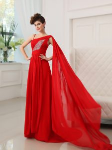 Sexy One Shoulder Sleeveless Chiffon Prom Gown Beading and Ruching Court Train Zipper