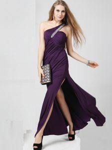 Superior One Shoulder Sleeveless Chiffon Floor Length Criss Cross Prom Evening Gown in Purple with Beading and Ruching